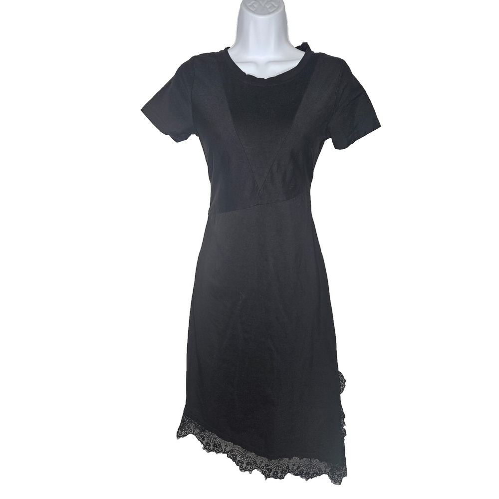 Black Lace Hem Midi Dress Tie Waist Cutout Back Boho Romantic ‎ M